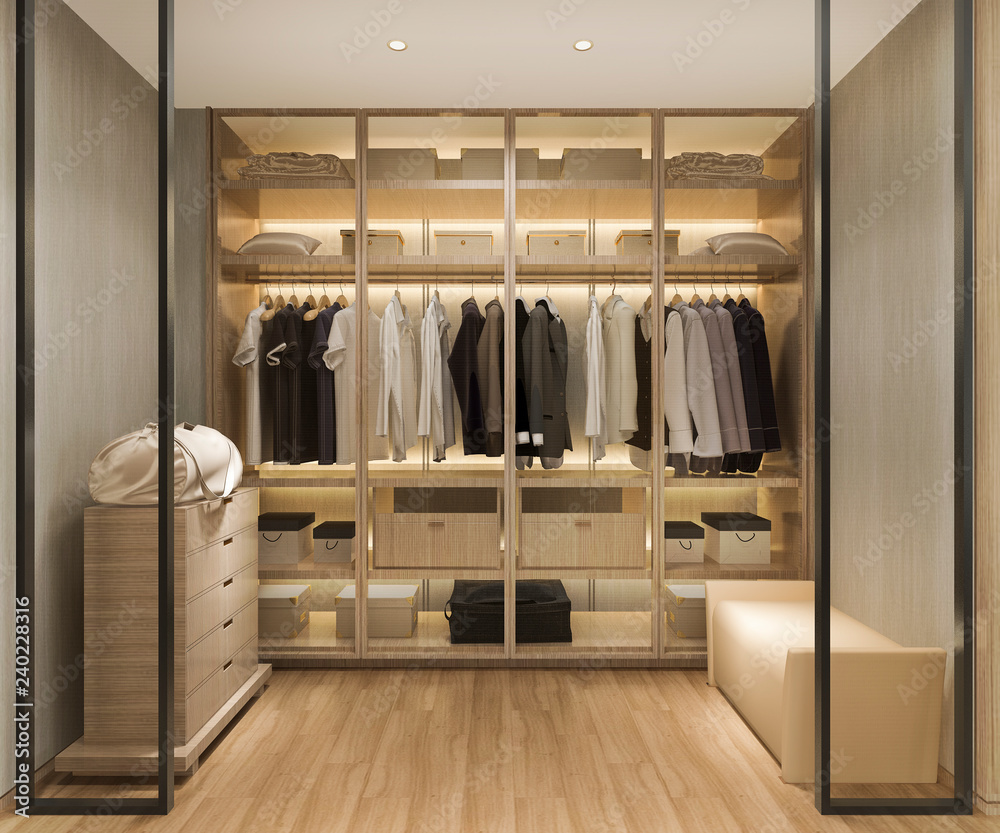3d rendering luxury scandinavian wood walk in closet with wardrobe